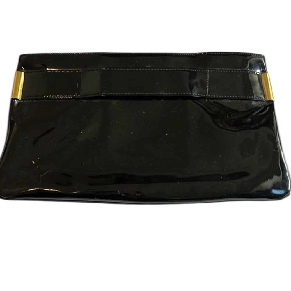 Excel black patent leather zip top clutch inside zip pocket pull up handles